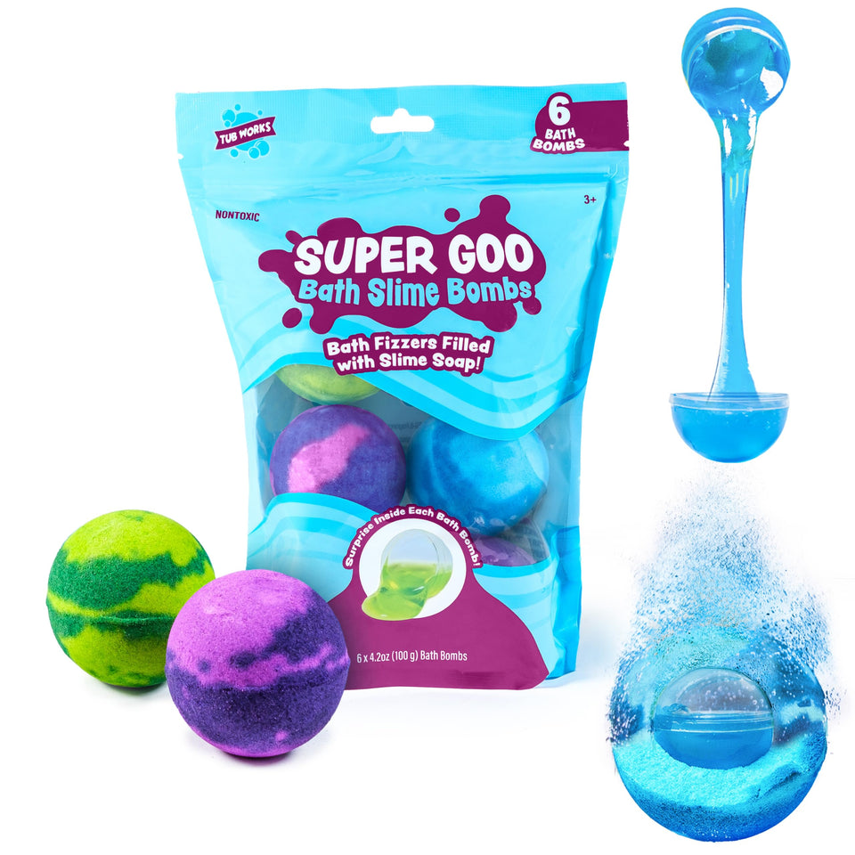Tub Works front packaging showing six individually wrapped Surprise Bombs and colorful branding