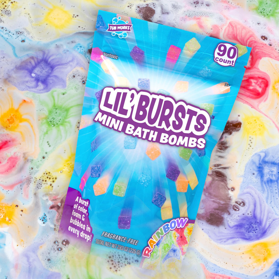 Tub Works front packaging showing 90 mini bath bombs and rainbow colors for playful baths
