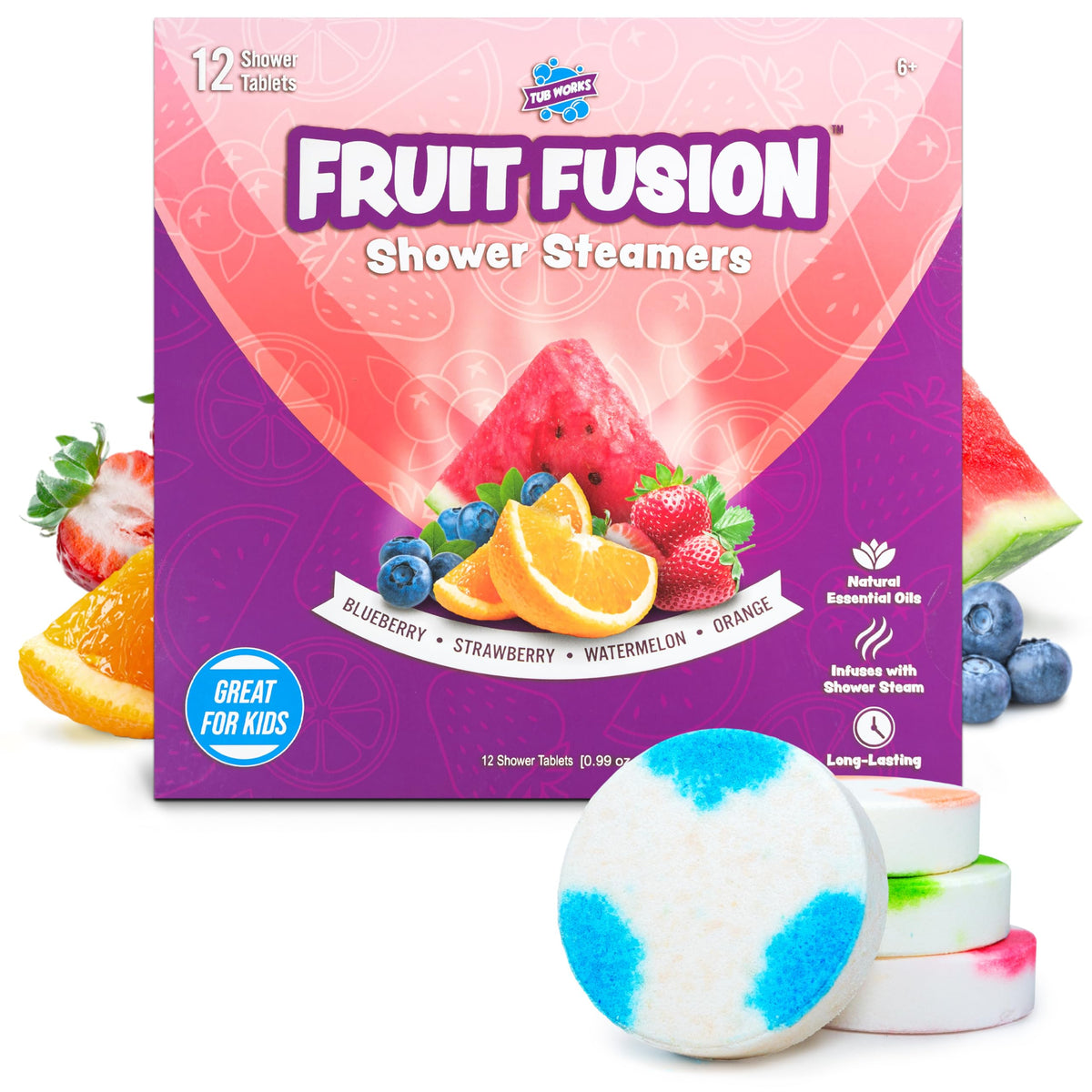 Tub Works front box showing colorful fruit fusion pack benefits