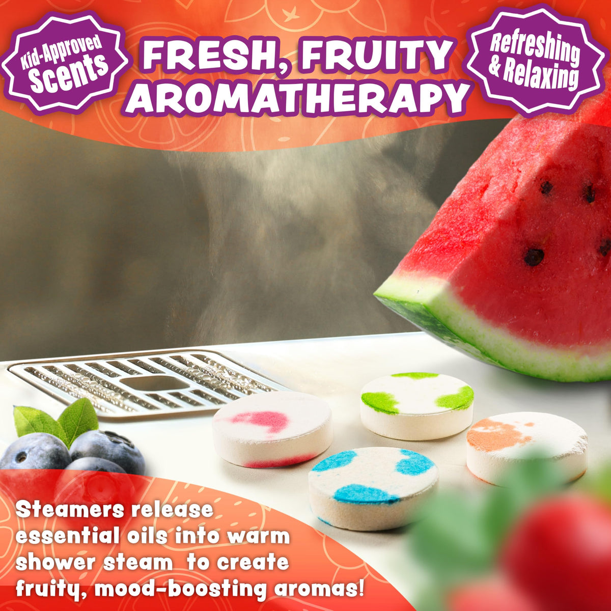 Tub Works steamer dissolving on shower floor releasing fruity aroma