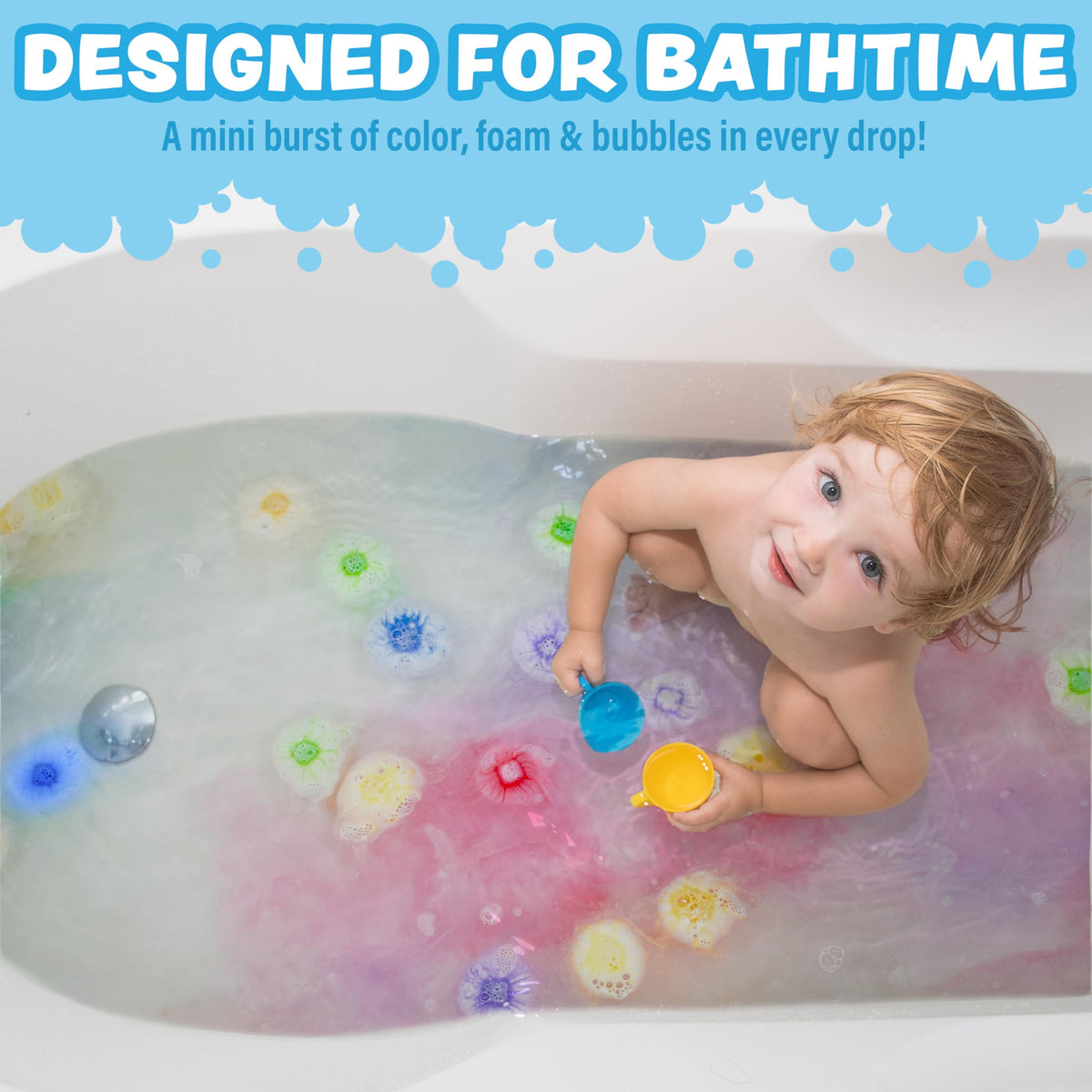 Tub Works Lil' Bursts floating in bathtub creating colorful foam for engaging toddler play