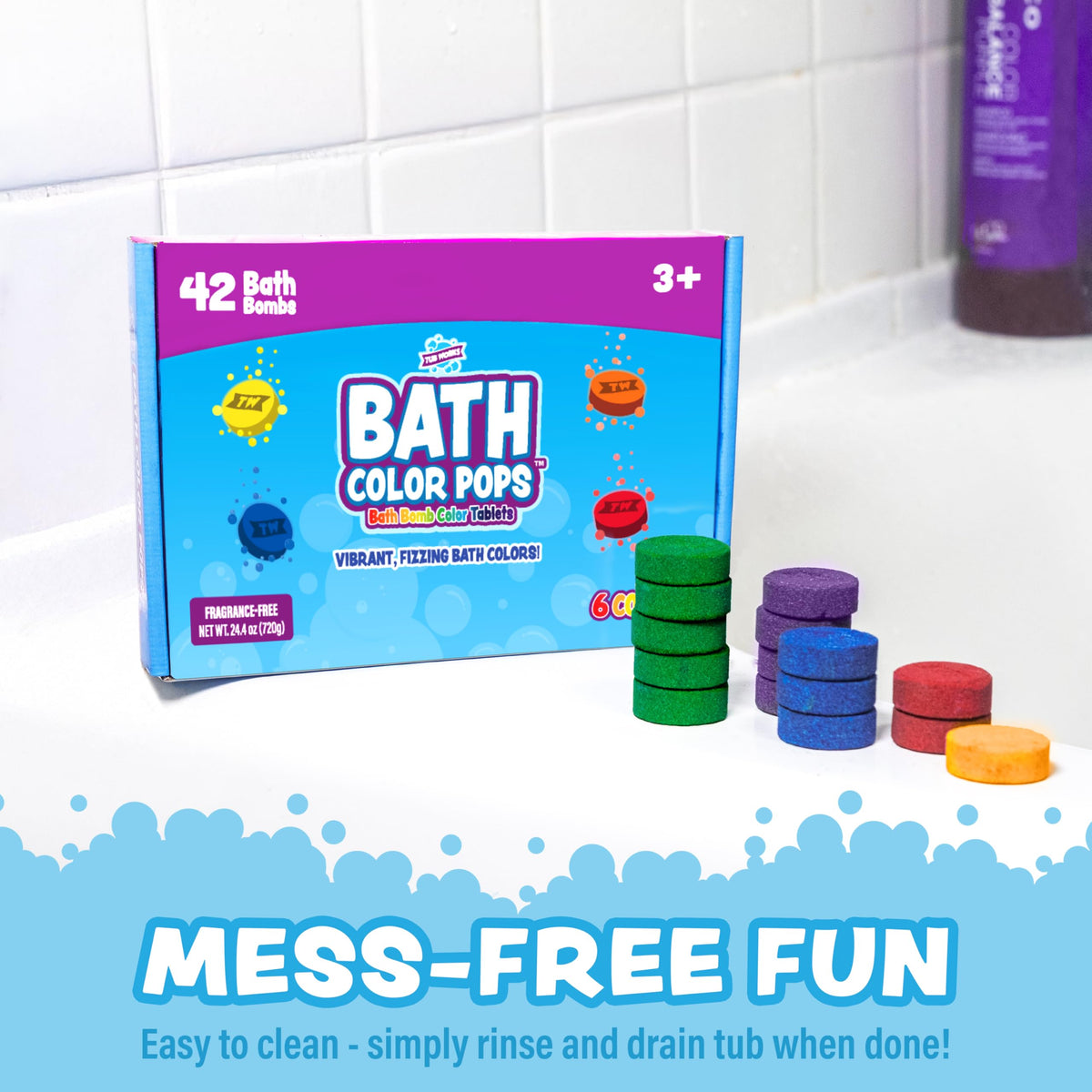 Child using Tub Works tablets with Bath Color Brush for creative tub play