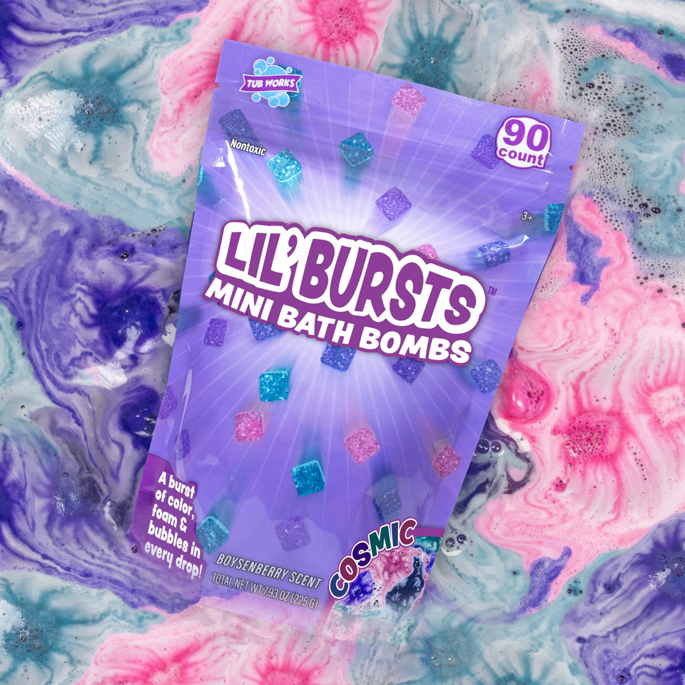 Tub Works front packaging showing 90 mini bath bombs and bright branding benefit