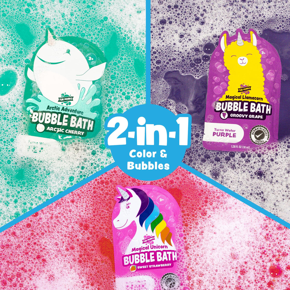 Tub Works pink Unicorn pouch close-up showing strawberry scent and kid-friendly fun