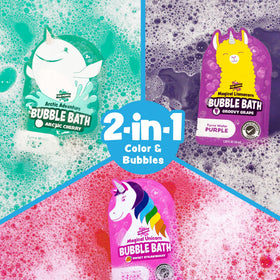 Tub Works pink Unicorn pouch close-up showing strawberry scent and kid-friendly fun
