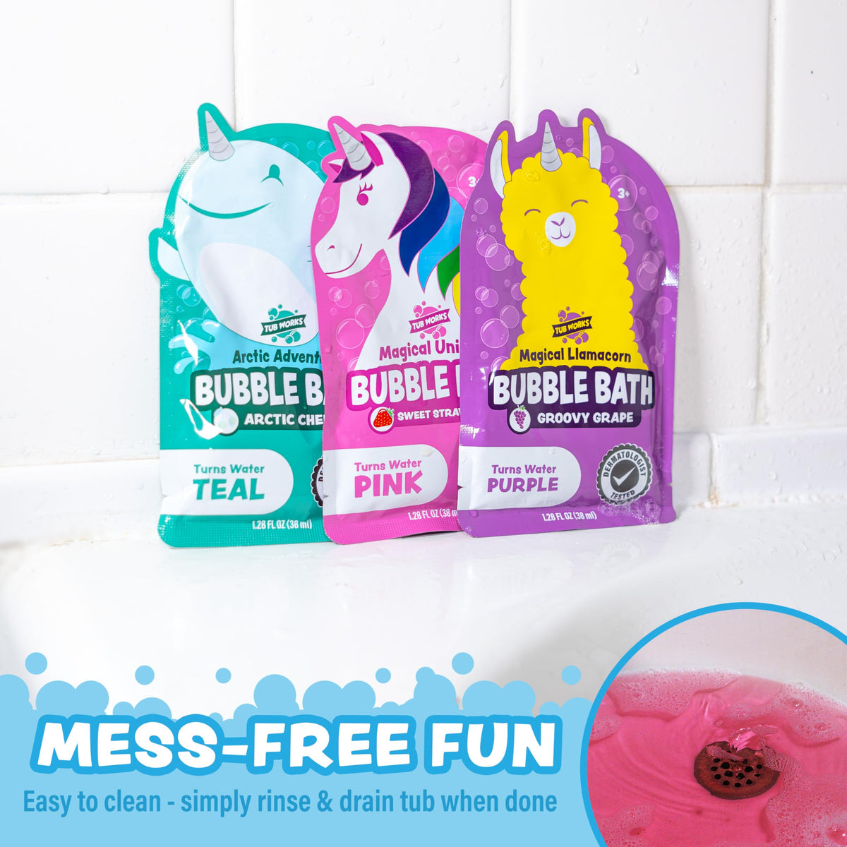 Tub Works pouring pouch into running tub water showing quick mixing and vibrant color