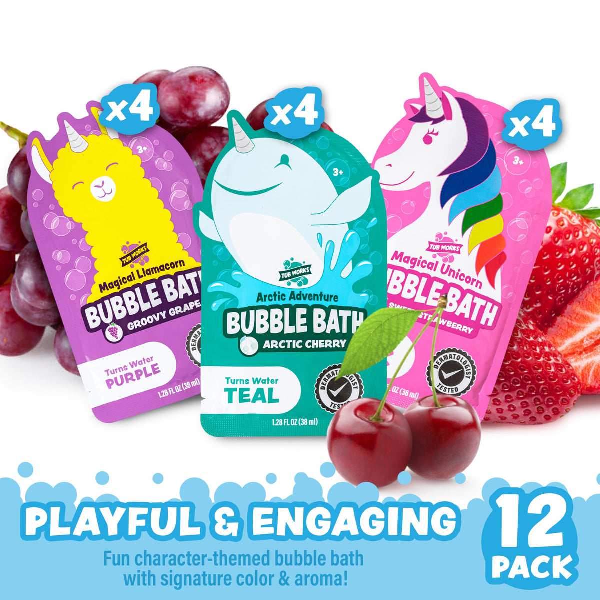 Tub Works purple Llamacorn pouch detail highlighting grape scent and character theme
