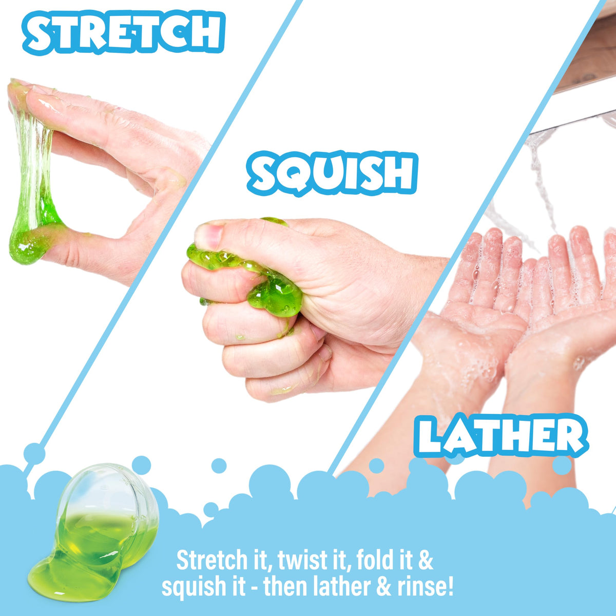 Child's hand stretching Tub Works slime to show elasticity and tactile engagement benefits