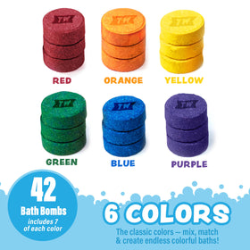 Six Bath Color Pops lined up showing Tub Works red orange yellow blue green purple