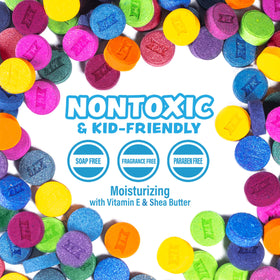 Tub Works twelve vibrant color tablets displayed for mixability