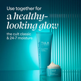 TULA 24-7 cream on nighttime bathroom shelf conveying nightly moisturizing ritual