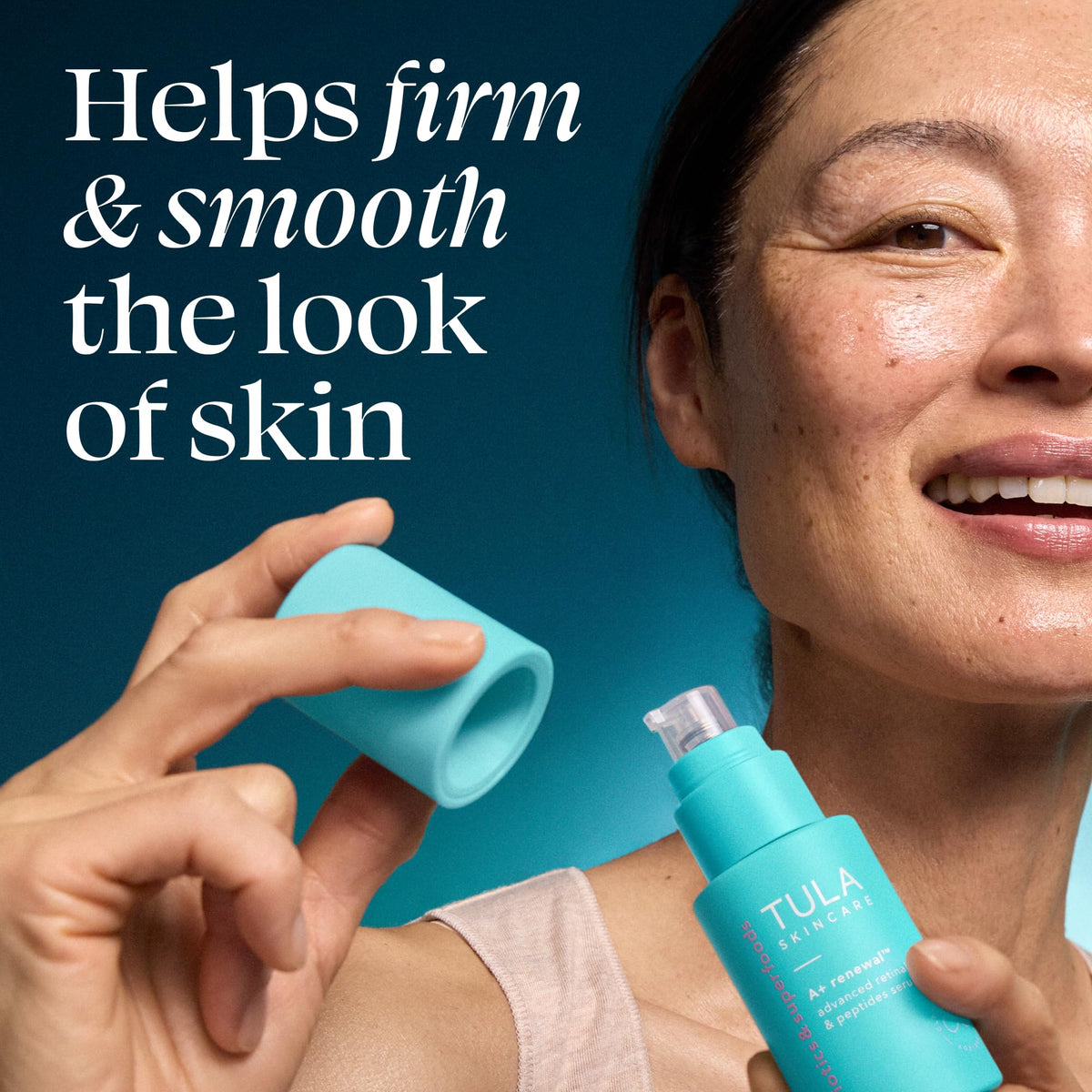 TULA applying serum to face and neck demonstrating nighttime routine benefits