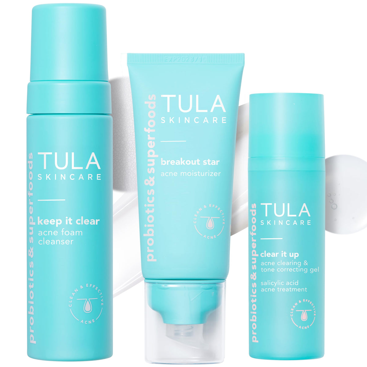 TULA front packaging showing full acne-clearing 3-piece kit and benefits