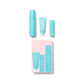TULA products styled on bathroom shelf for easy everyday use and balance