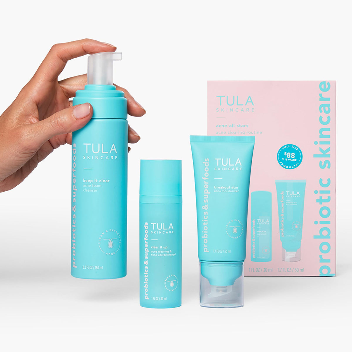 TULA three products flatlay illustrating complete daily acne routine