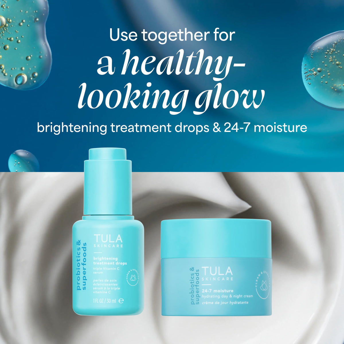TULA bottle and outer box flatlay, presents packaging and travel-friendly design benefit