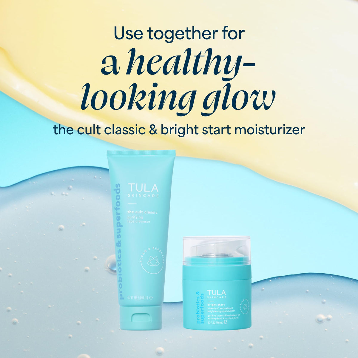 TULA Bright Start on bathroom shelf in morning routine scene promoting daily brightening ritual