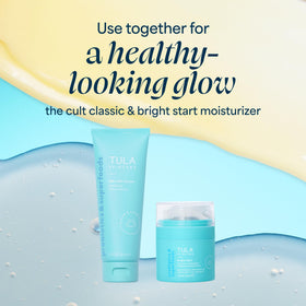 TULA Bright Start on bathroom shelf in morning routine scene promoting daily brightening ritual