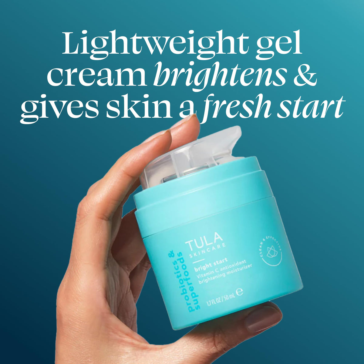 TULA Bright Start pump dispensing product illustrating ideal pea-sized amount for use
