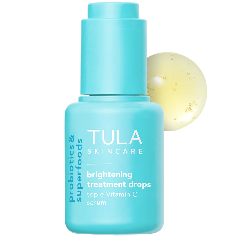 TULA front packaging showing bottle and protective box, highlights brightening benefit