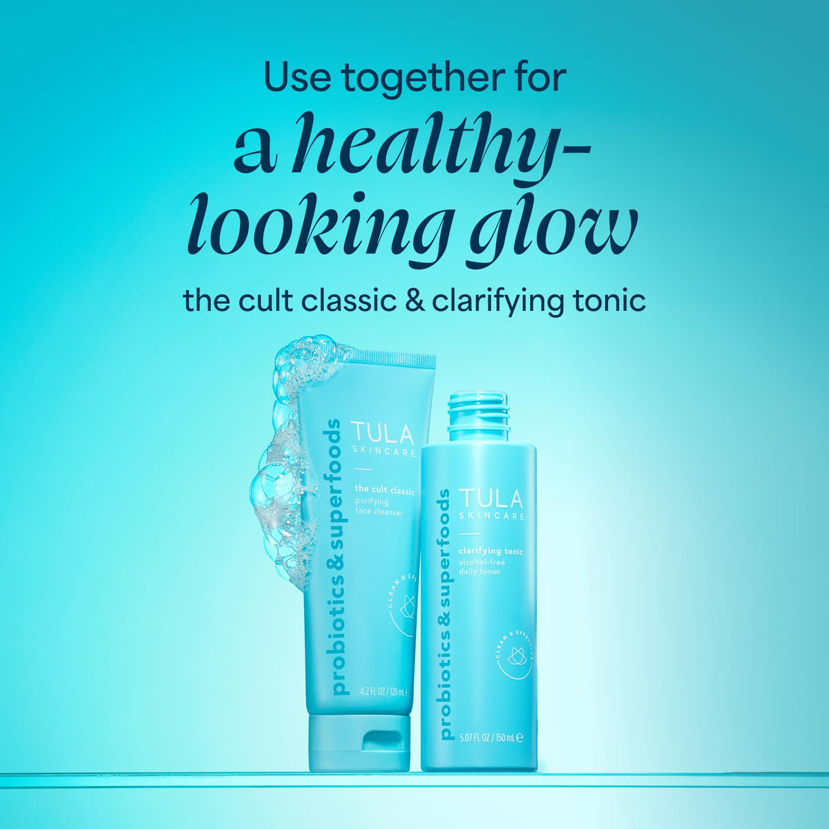 TULA clarifying tonic placed in bathroom setting promoting daily use