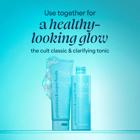 TULA clarifying tonic placed in bathroom setting promoting daily use