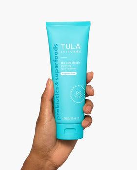 TULA pump dispensing gel-to-foam texture demonstrating gentle cleansing and easy application