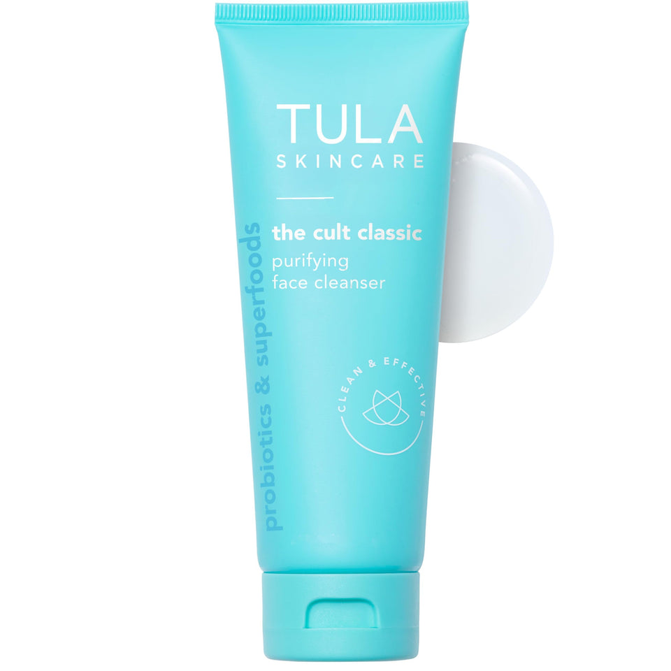 TULA front bottle showing product name and clean design benefits facial cleansing