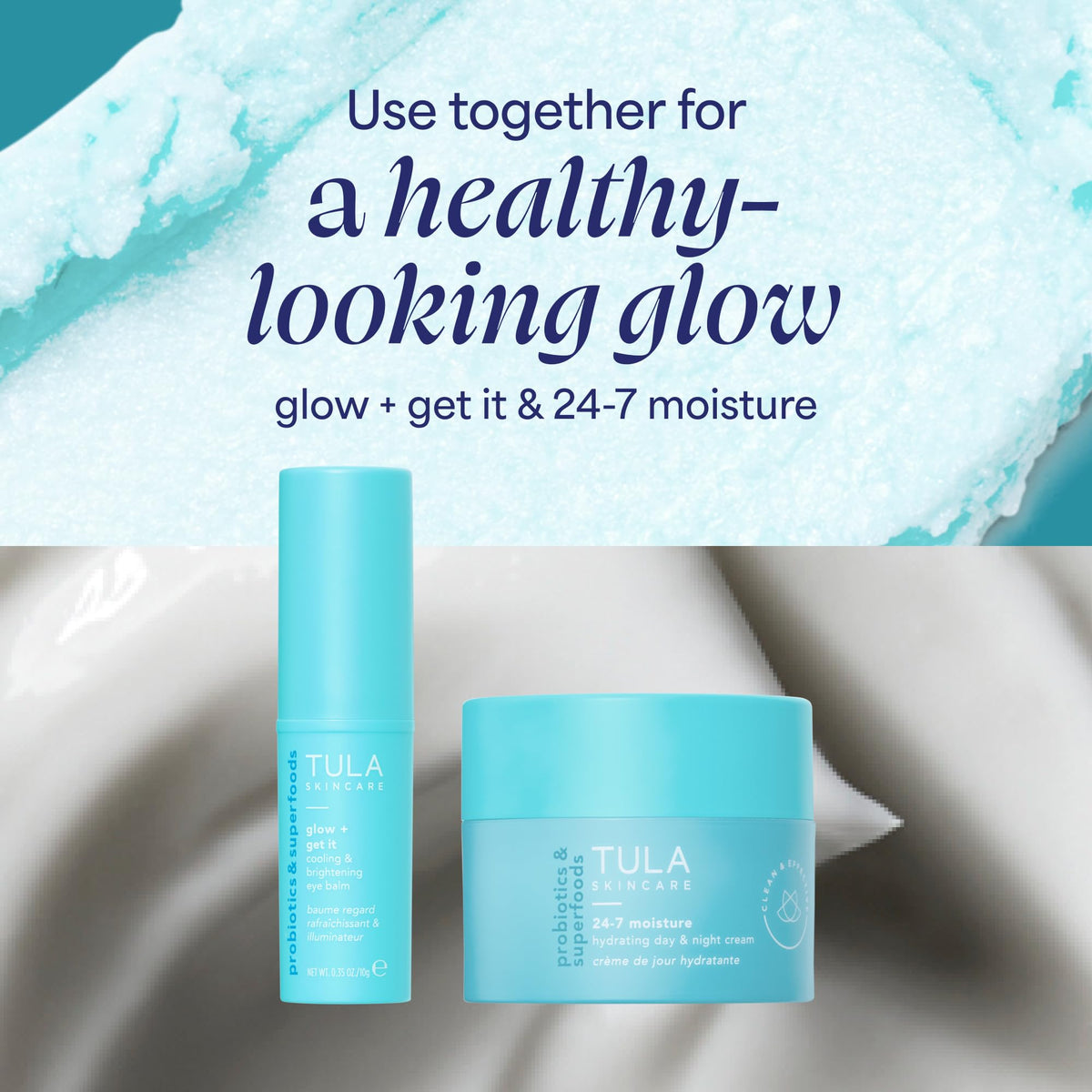 TULA eye balm in a travel bag showing on-the-go brightening benefit