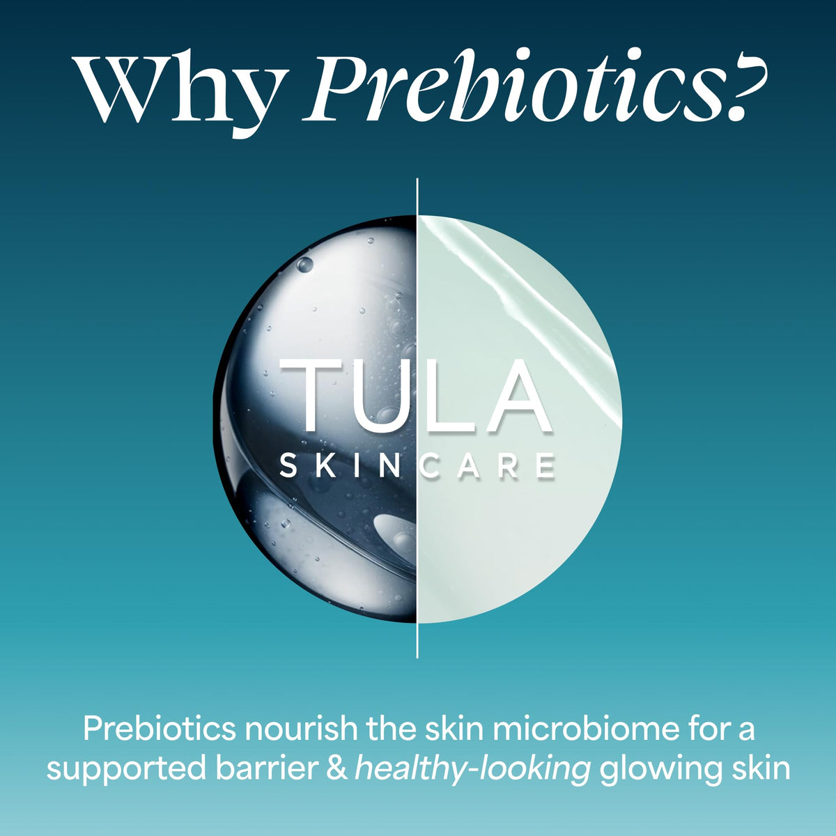 TULA label close-up listing prebiotic extracts and niacinamide benefits
