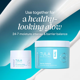 TULA moisturizer on bathroom shelf in lifestyle setting conveying daily routine and confidence