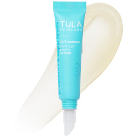 TULA lip mask tube front showing clear formula and compact size for travel
