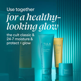 TULA next to cleanser and moisturizer illustrating layering under makeup