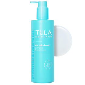 TULA purifying cleanser front bottle showing brand and jumbo size for dependable daily use
