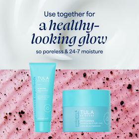 TULA scrub on bathroom counter staged with towel, suggests easy routine and refreshed skin benefit