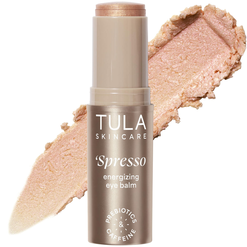TULA Spresso eye balm front packaging showing compact portable design and benefits