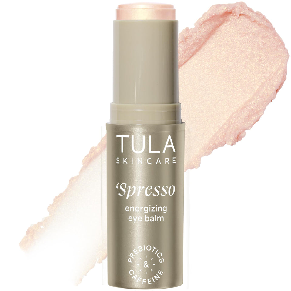 TULA Spresso eye balm front packaging showing compact stick for travel
