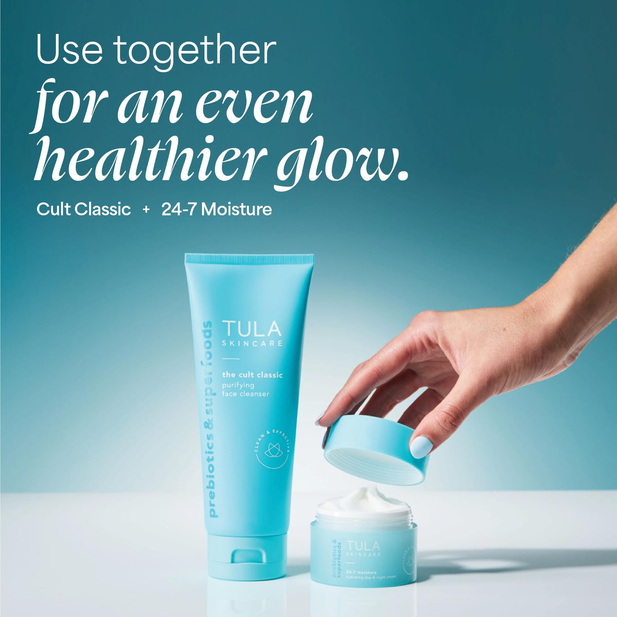 TULA cleanser being applied on hands demonstrating gentle lathering benefit