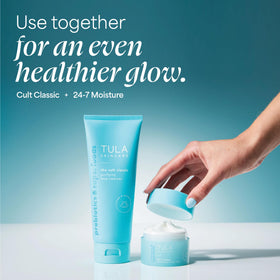 TULA cleanser being applied on hands demonstrating gentle lathering benefit