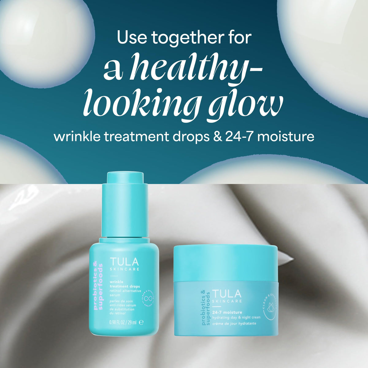TULA bottle beside moisturizer illustrating easy layering and hydration