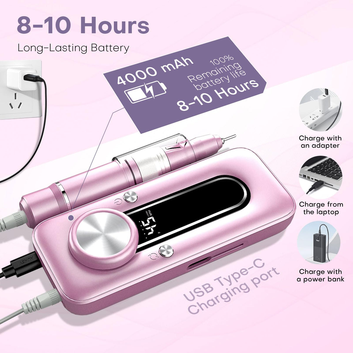 TUOBEO 4000mAh battery and charger setup illustrating long run-time and quick recharge benefit