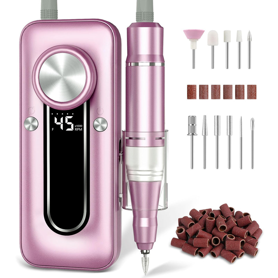 TUOBEO front view of full cordless nail drill kit showing organized accessories and portability benefit