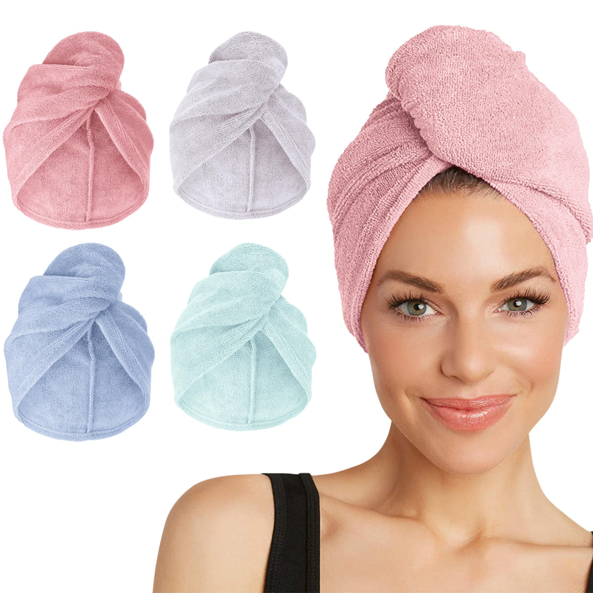 Turbie Twist front view of four pastel towel colors showing variety and convenience
