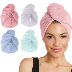Turbie Twist front view of four pastel towel colors showing variety and convenience