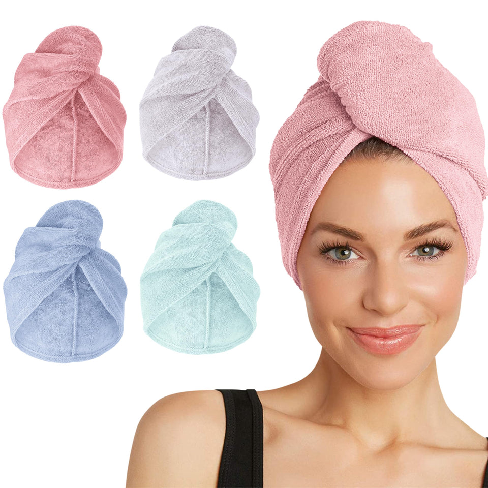 Turbie Twist front view of four pastel towel colors showing variety and convenience