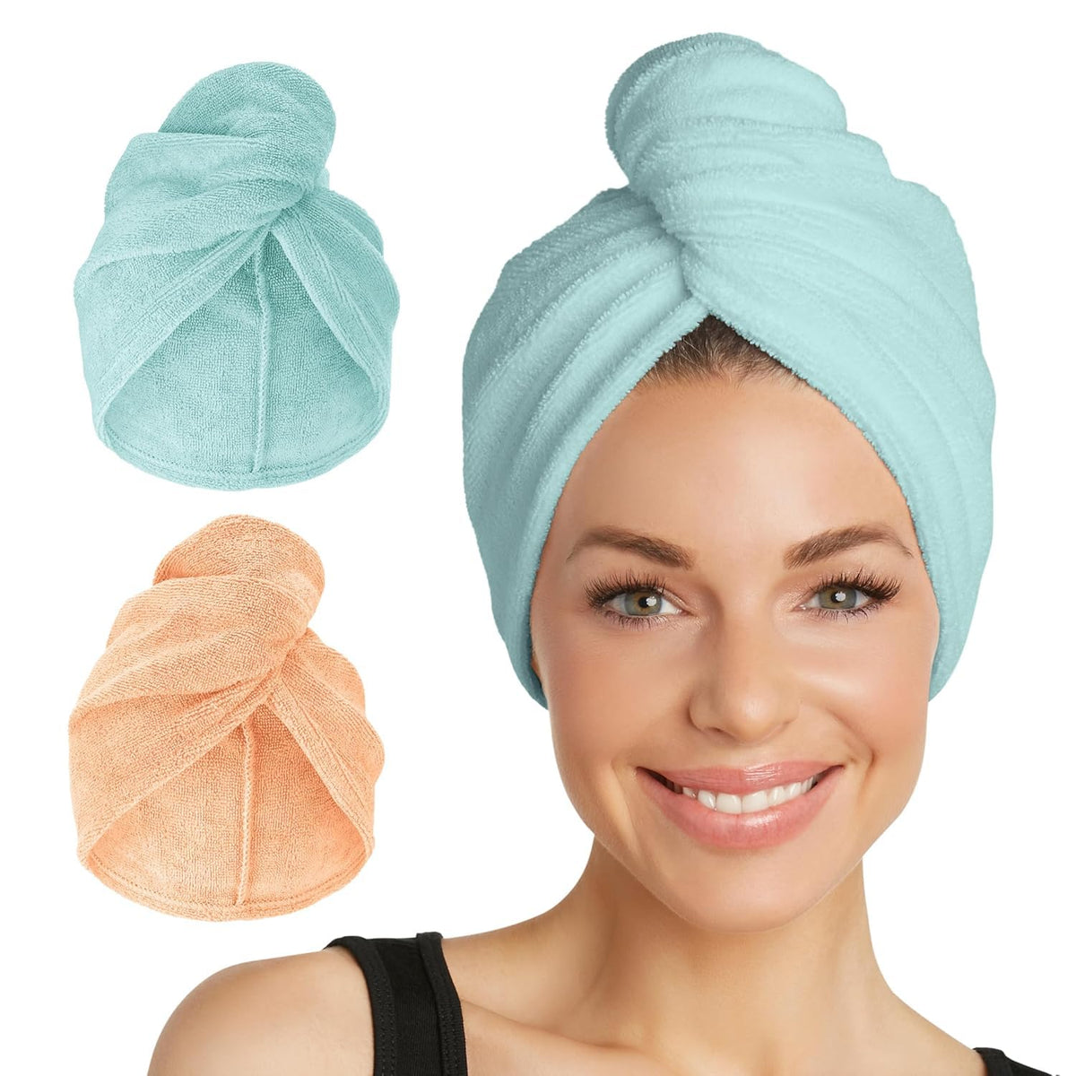 Turbie Twist front view showing Bermuda and Peach towels, quick-dry benefit