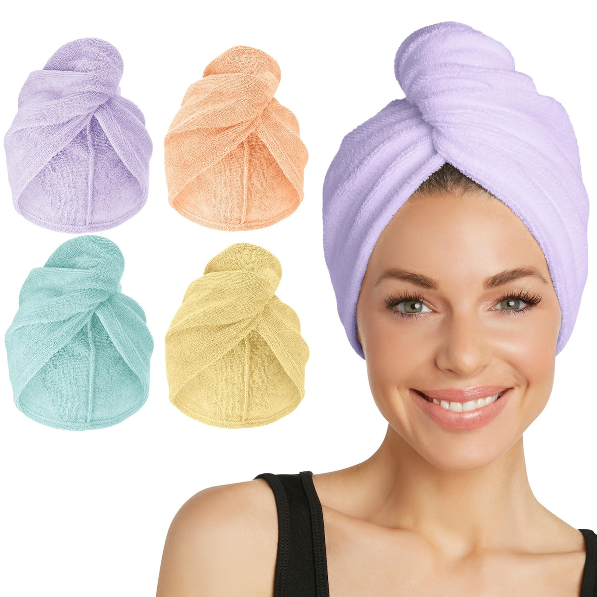 Turbie Twist front packaging showing four colorful towels and travel-ready convenience