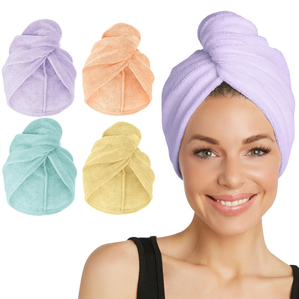 Turbie Twist front packaging showing four colorful towels and travel-ready convenience