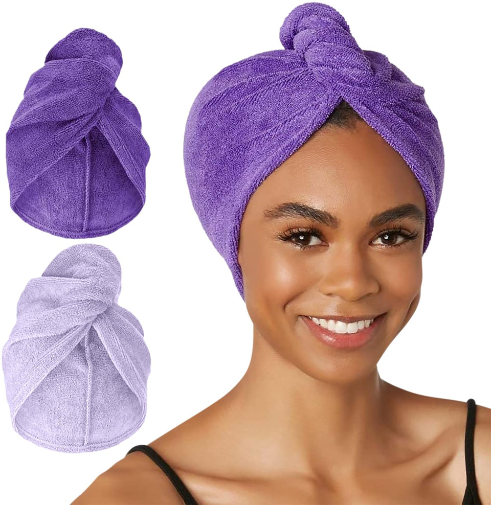 Turbie Twist front view showing two purple towels and quick drying benefit