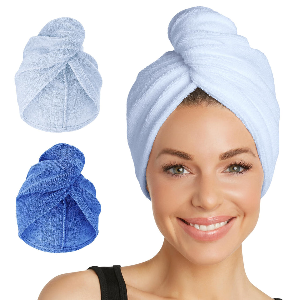 Turbie Twist front pack showing both Dazzling Blue and Windsurfer towels and gift-ready appeal